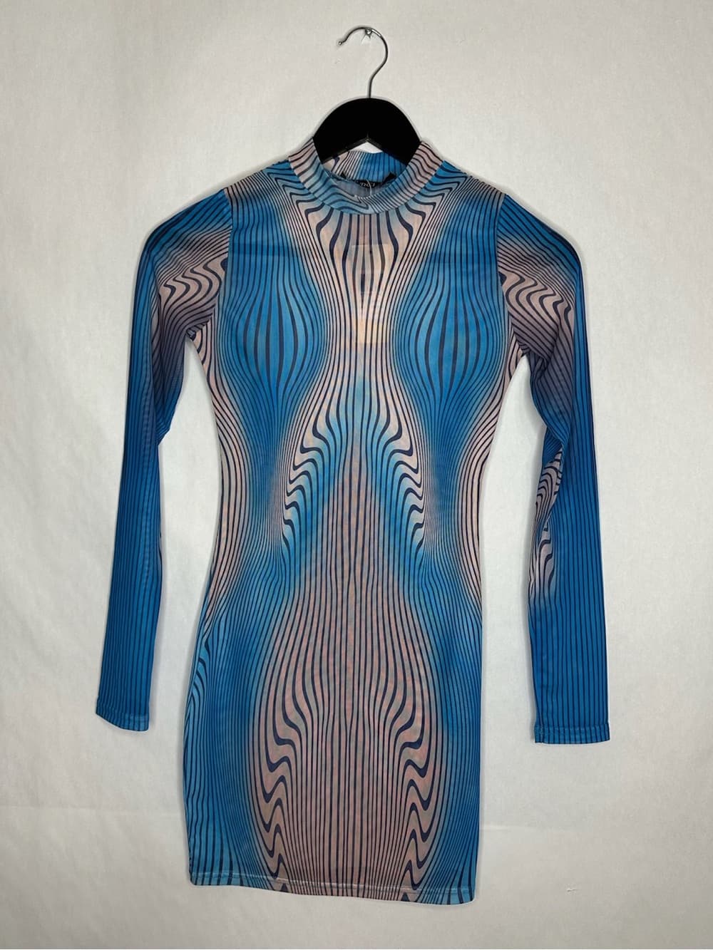 NWT MURCI Blue Illusion Wave Mesh Sheer Bodycon Dress US 4 Cyberpunk Futuristic - Thumbnail 5