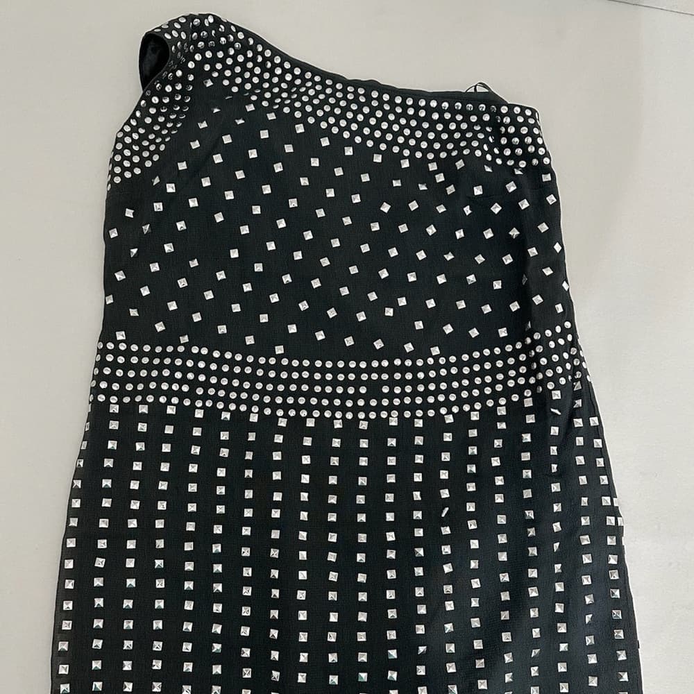 Susana Monaco One Shoulder Mini Dress Black Silver Studs Modern Glam (SEE NOTES) - Thumbnail 13