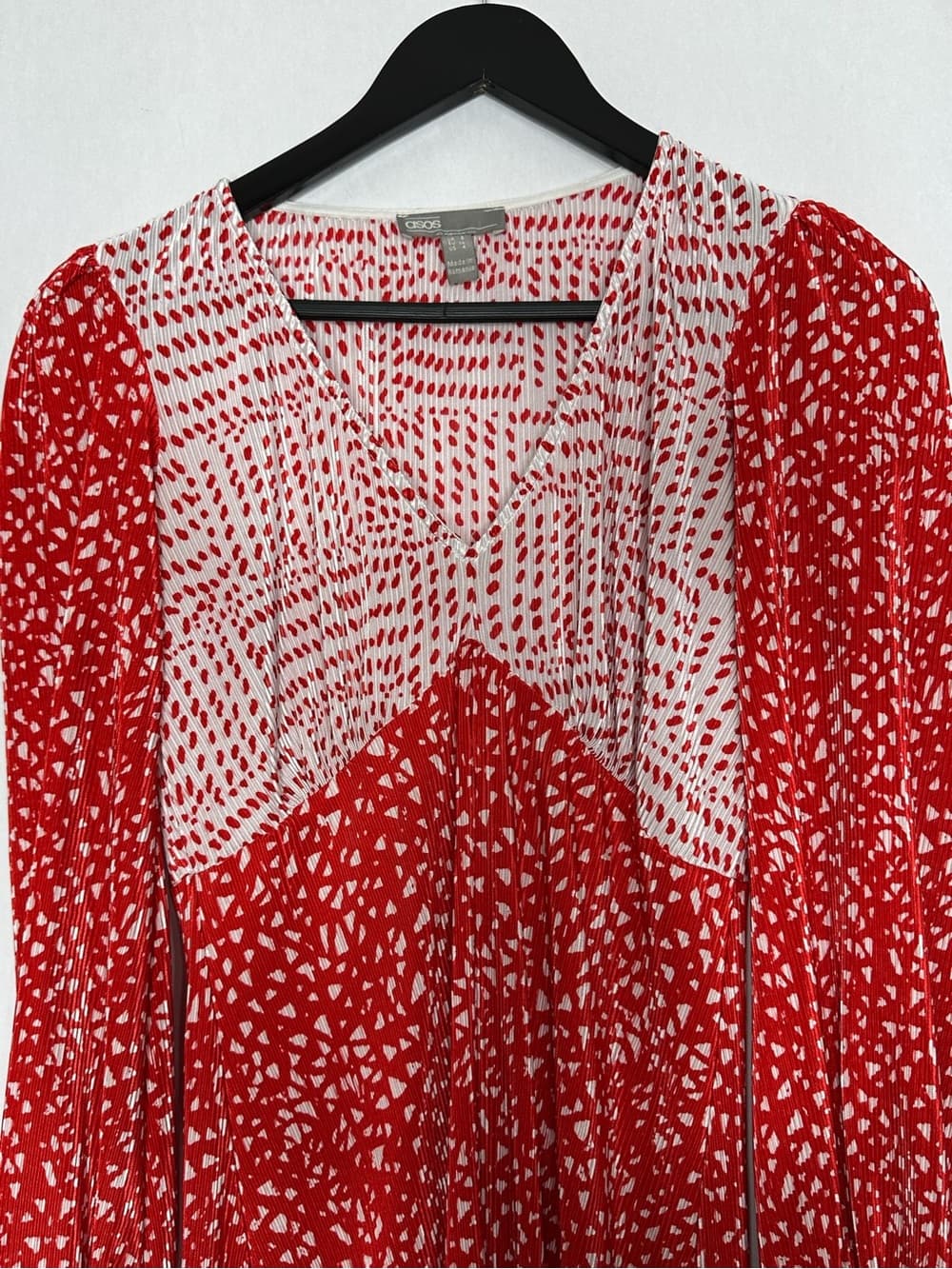 ASOS Red White Spotted Plisse Pleated Dress Long Sleeve US 4 Cottagecore Dainty - Thumbnail 2