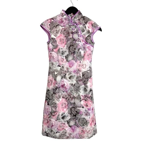 Peve Pink & Gray Floral Cheongsam Qipao Brocade Dress Size Small Vintage - Thumbnail 10