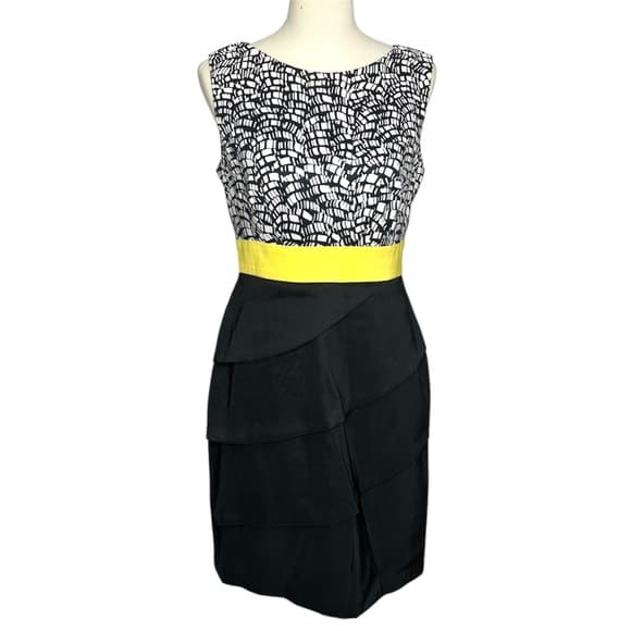 Dress Barn Black White Abstract Print Sleeveless Dress Yellow Waistband Size 8 - Thumbnail 10