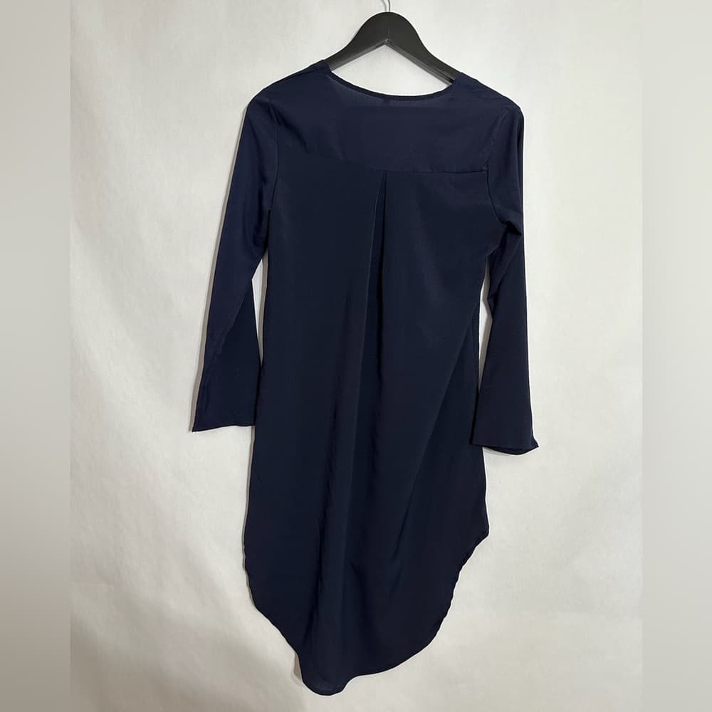 Navy Blue Long Sleeve V Neck Tunic Dress Blouse Size Medium Office Casual - Thumbnail 2