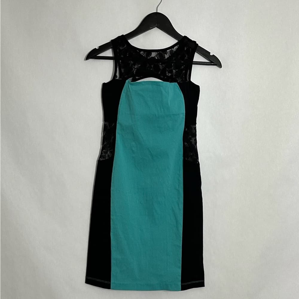 Poof Brand Black Teal Bodycon Dress Lace Detail Y2K Vintage Size Large Cocktail - Thumbnail 5