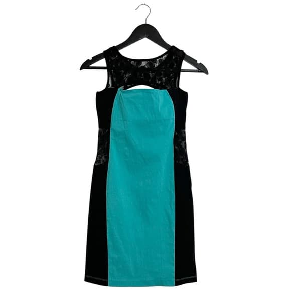 Poof Brand Black Teal Bodycon Dress Lace Detail Y2K Vintage Size Large Cocktail - Thumbnail 8