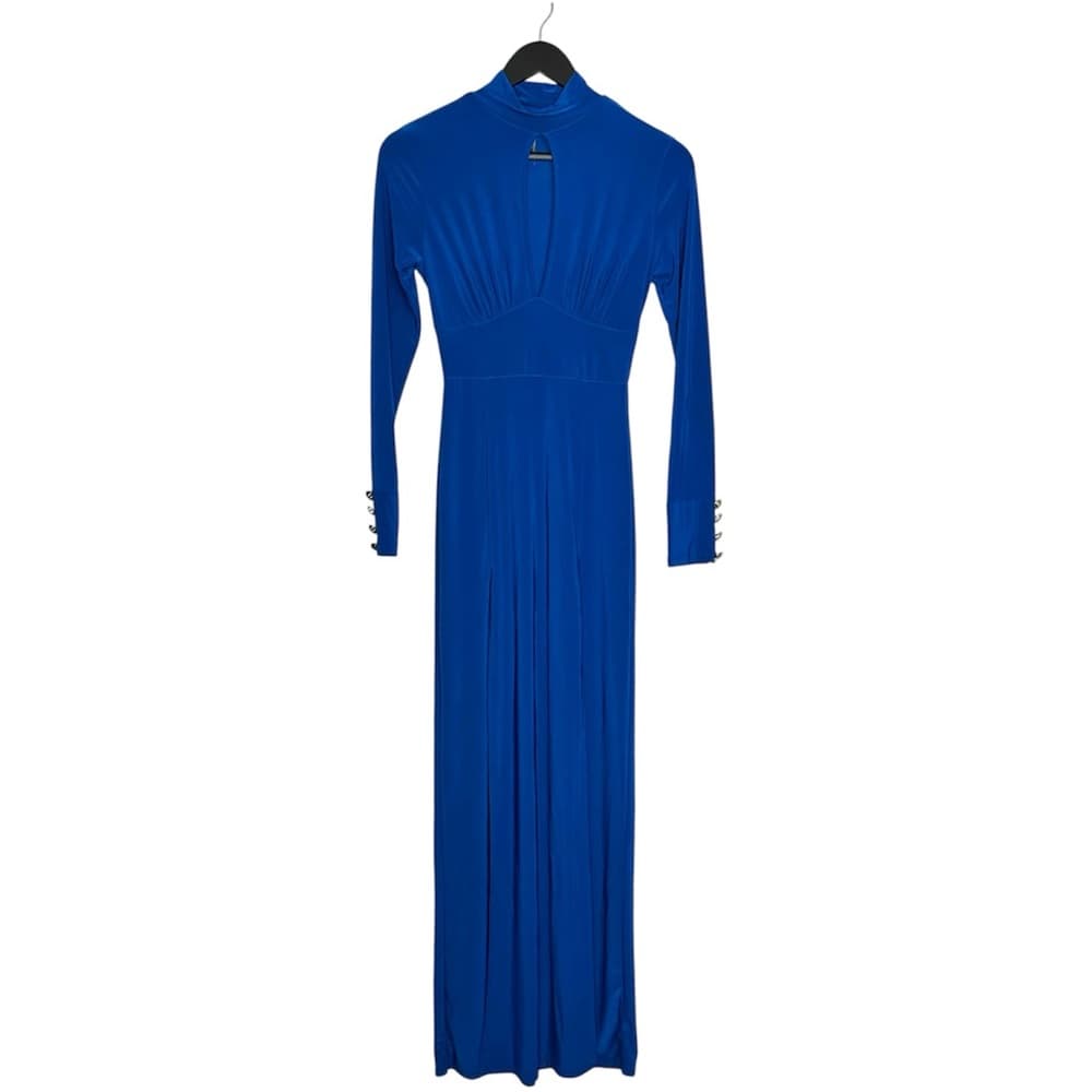 J USA Blue Long Sleeve Keyhole Mock Neck Side Slit Maxi Dress Vintage Medium - Thumbnail 2