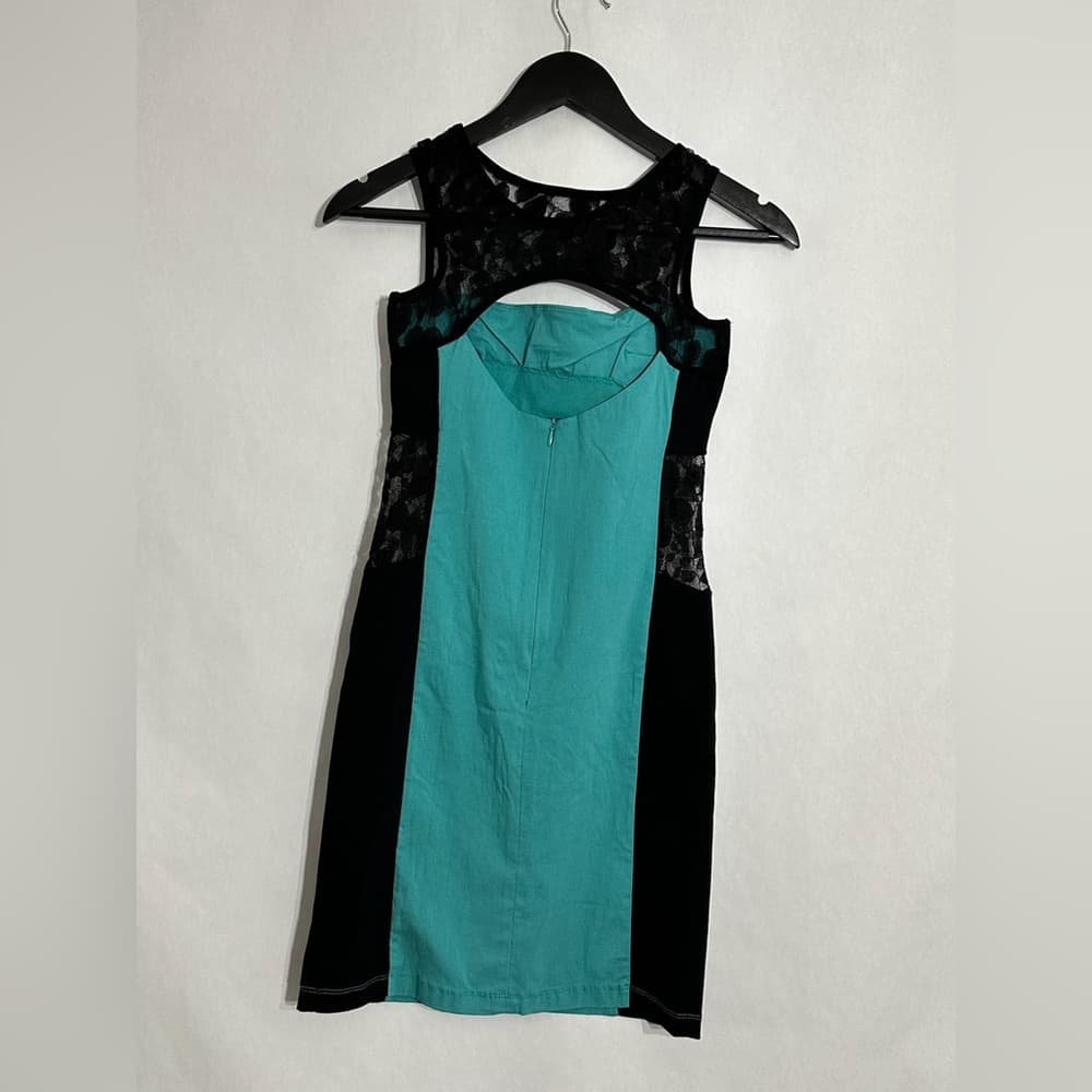 Poof Brand Black Teal Bodycon Dress Lace Detail Y2K Vintage Size Large Cocktail - Thumbnail 2