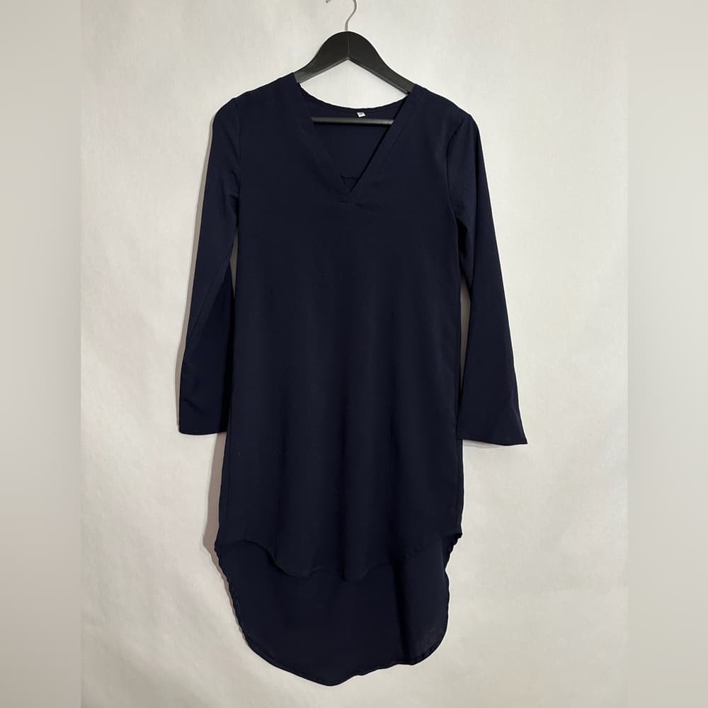 Navy Blue Long Sleeve V Neck Tunic Dress Blouse Size Medium Office Casual
