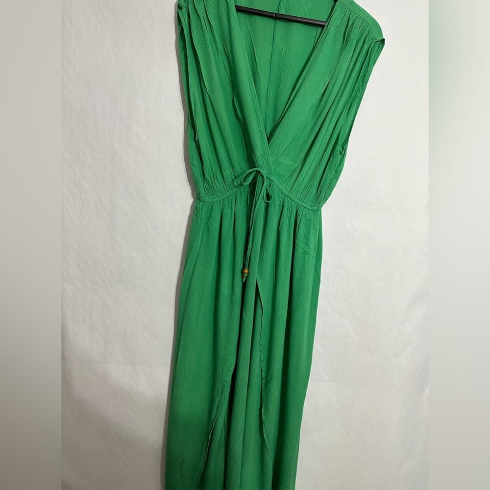 Boutique Green Dress Deep V Tie Waist Flowy One Size Swim Coverup Resortwear - Thumbnail 2