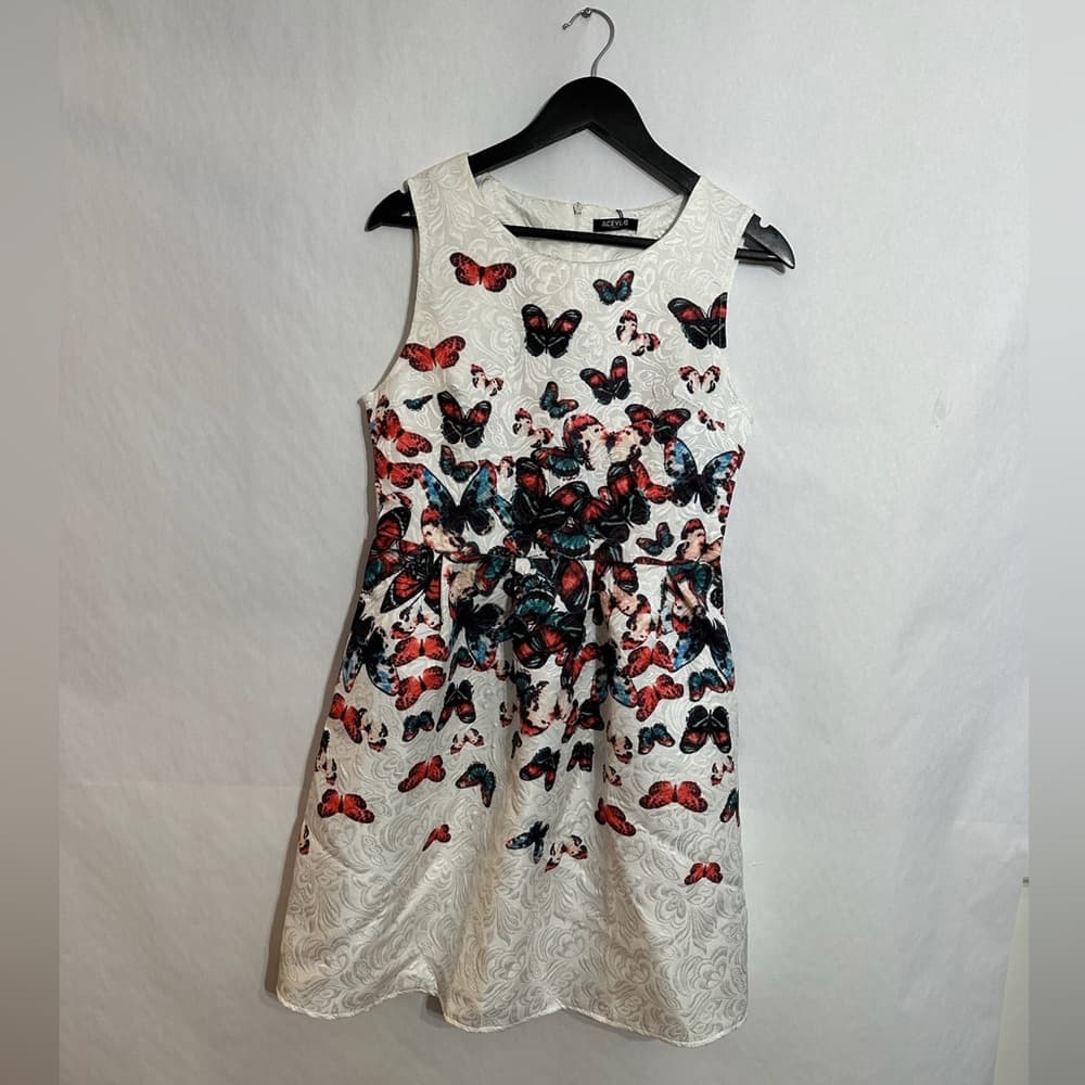 ACEVOG Butterfly Fit & Flare Textured White Dress Size Medium SEE NOTES - Thumbnail 4