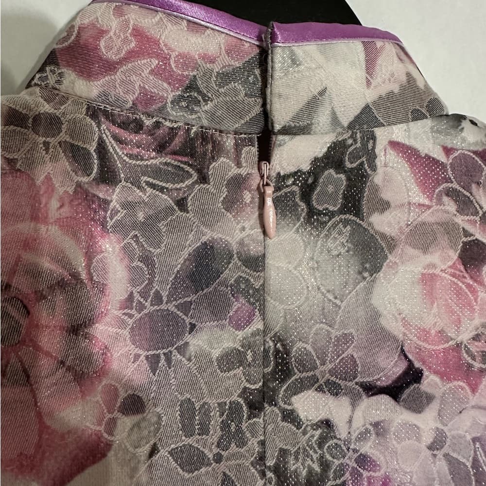 Peve Pink & Gray Floral Cheongsam Qipao Brocade Dress Size Small Vintage - Thumbnail 4