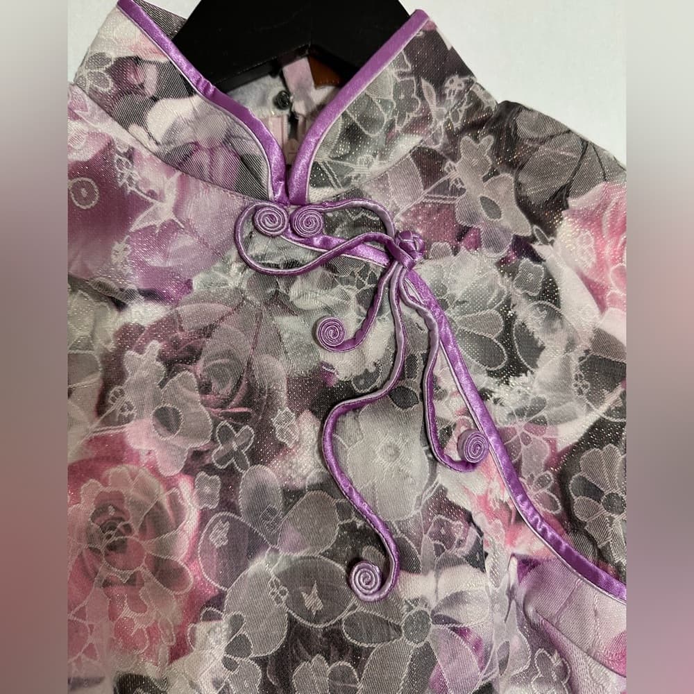 Peve Pink & Gray Floral Cheongsam Qipao Brocade Dress Size Small Vintage - Thumbnail 2