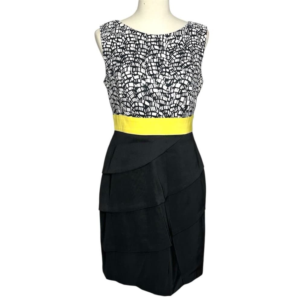 Dress Barn Black White Abstract Print Sleeveless Dress Yellow Waistband Size 8 - Thumbnail 9