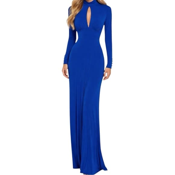 J USA Blue Long Sleeve Keyhole Mock Neck Side Slit Maxi Dress Vintage Medium - Thumbnail 16