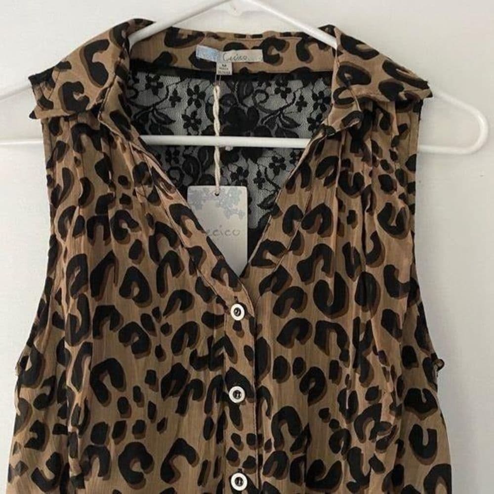 NWT Cecico Leopard Print Sleeveless Ruffle Dress Lace Back Panel Size Medium - Thumbnail 9