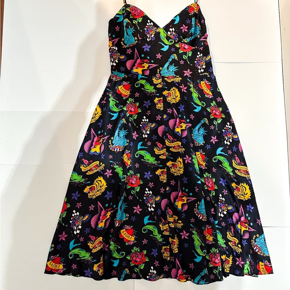 Betsey Johnson x Mark Mahoney Vintage Sailor Tattoo Print Silk Dress Y2K Size 10 - Thumbnail 4