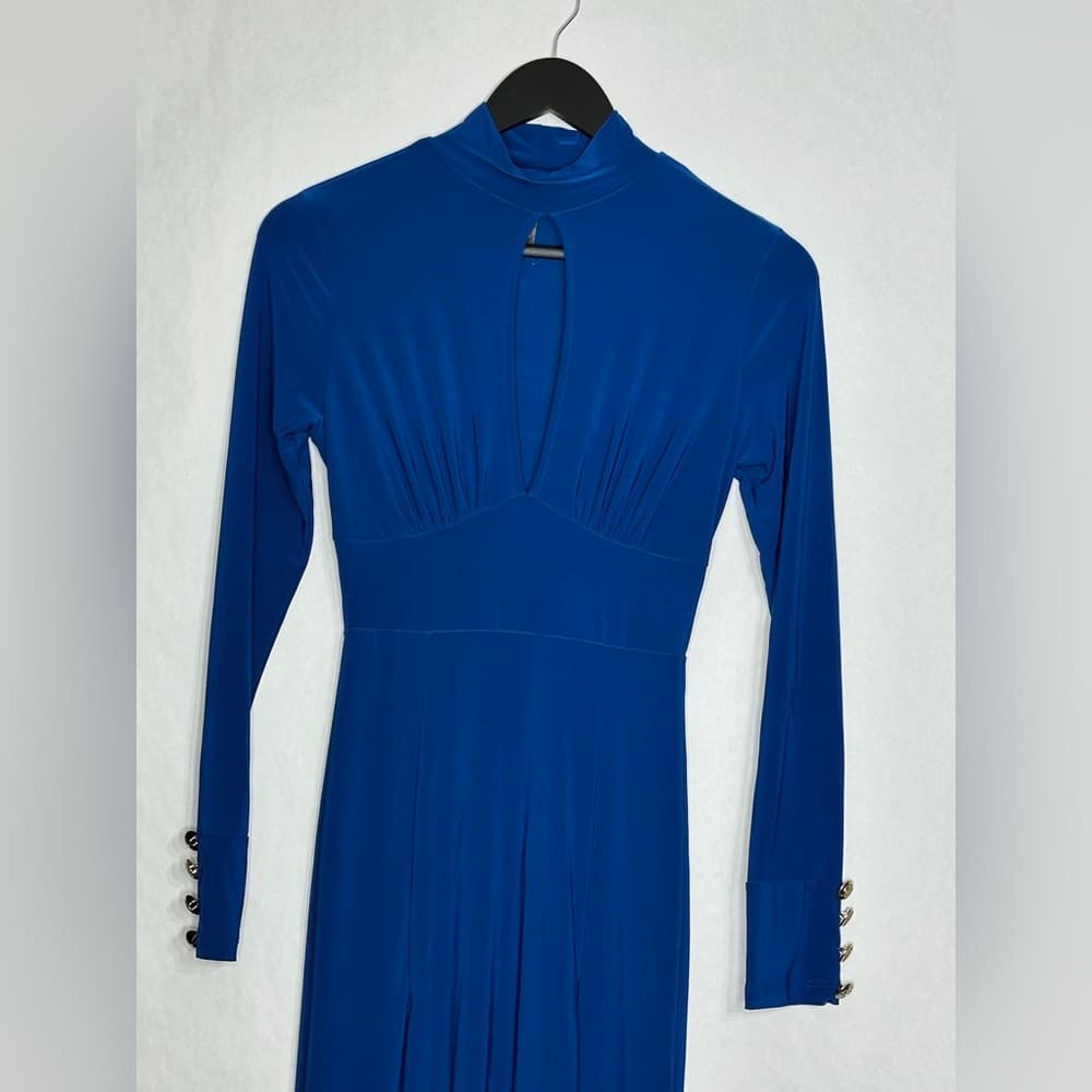 J USA Blue Long Sleeve Keyhole Mock Neck Side Slit Maxi Dress Vintage Medium - Thumbnail 4