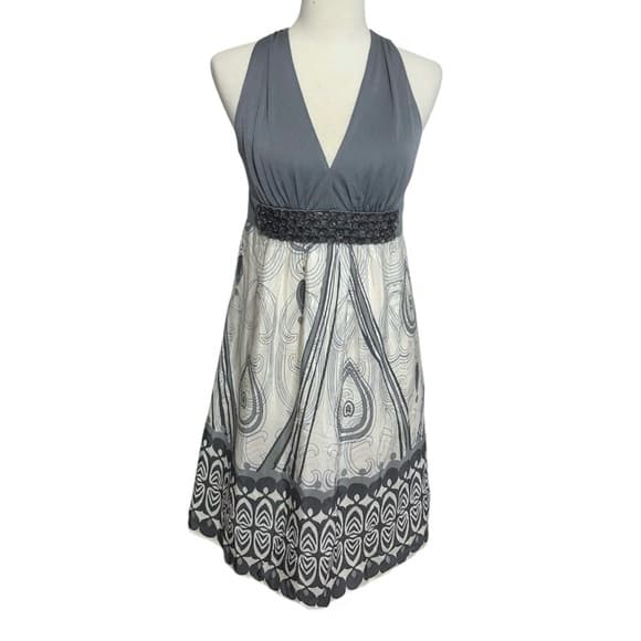 Erato Gray & Ivory Halter Dress Beaded Waist Boho Print (possibly Size 8) - Thumbnail 14