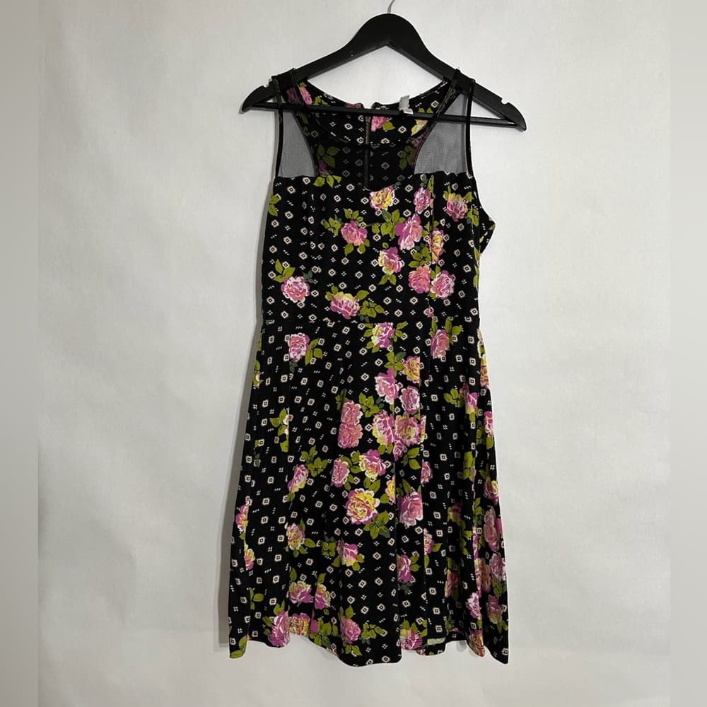 Xhilaration Black Floral Mesh Panel Fit Flare Dress Size Large Rocker Chic