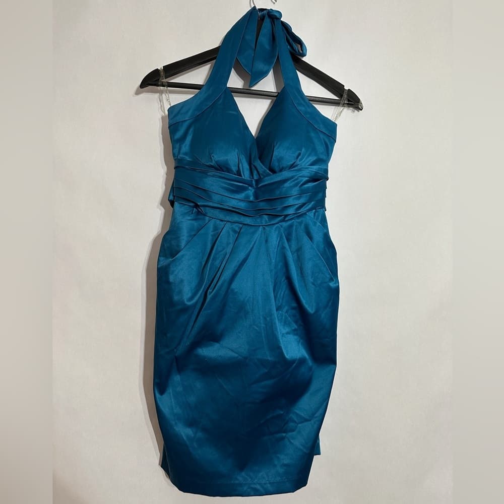 Snap Teal Blue Satin Halter Cocktail Dress Open Back Party Mini Size 7 Juniors - Thumbnail 2