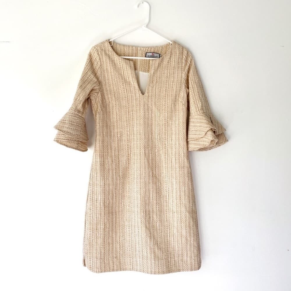 CK Bradley "Hazel" Tweed V-Neck Shift Dress Gold Threading Medium Quiet Luxury - Thumbnail 5