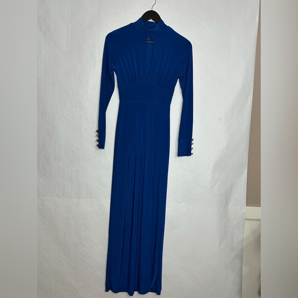 J USA Blue Long Sleeve Keyhole Mock Neck Side Slit Maxi Dress Vintage Medium - Thumbnail 3