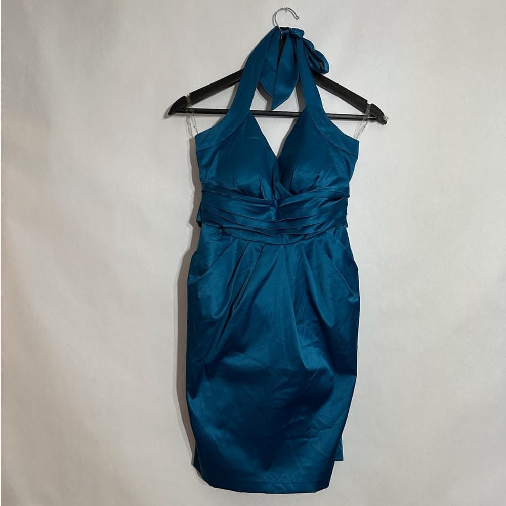 Snap Teal Blue Satin Halter Cocktail Dress Open Back Party Mini Size 7 Juniors