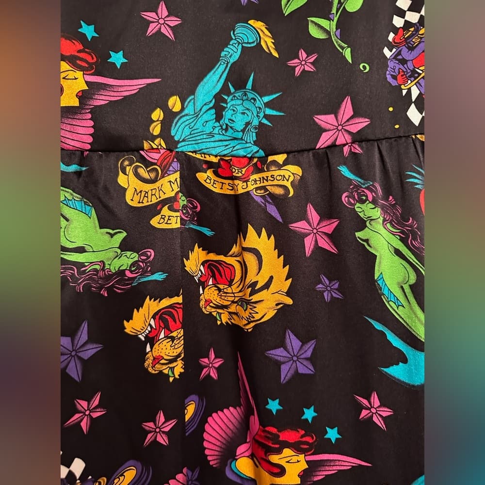 Betsey Johnson x Mark Mahoney Vintage Sailor Tattoo Print Silk Dress Y2K Size 10
