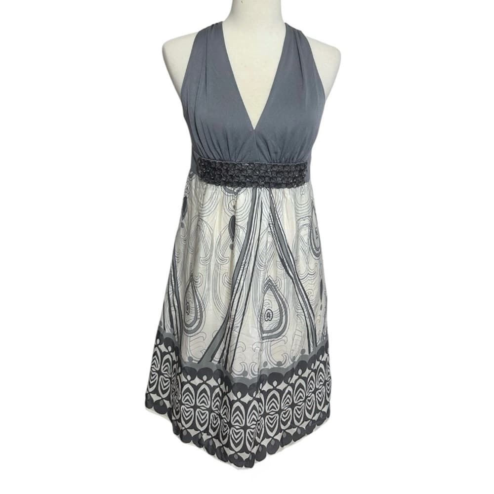Erato Gray & Ivory Halter Dress Beaded Waist Boho Print (possibly Size 8) - Thumbnail 13