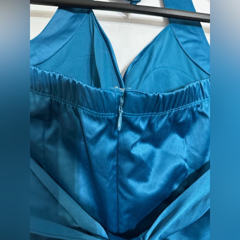 Snap Teal Blue Satin Halter Cocktail Dress Open Back Party Mini Size 7 Juniors - Thumbnail 5