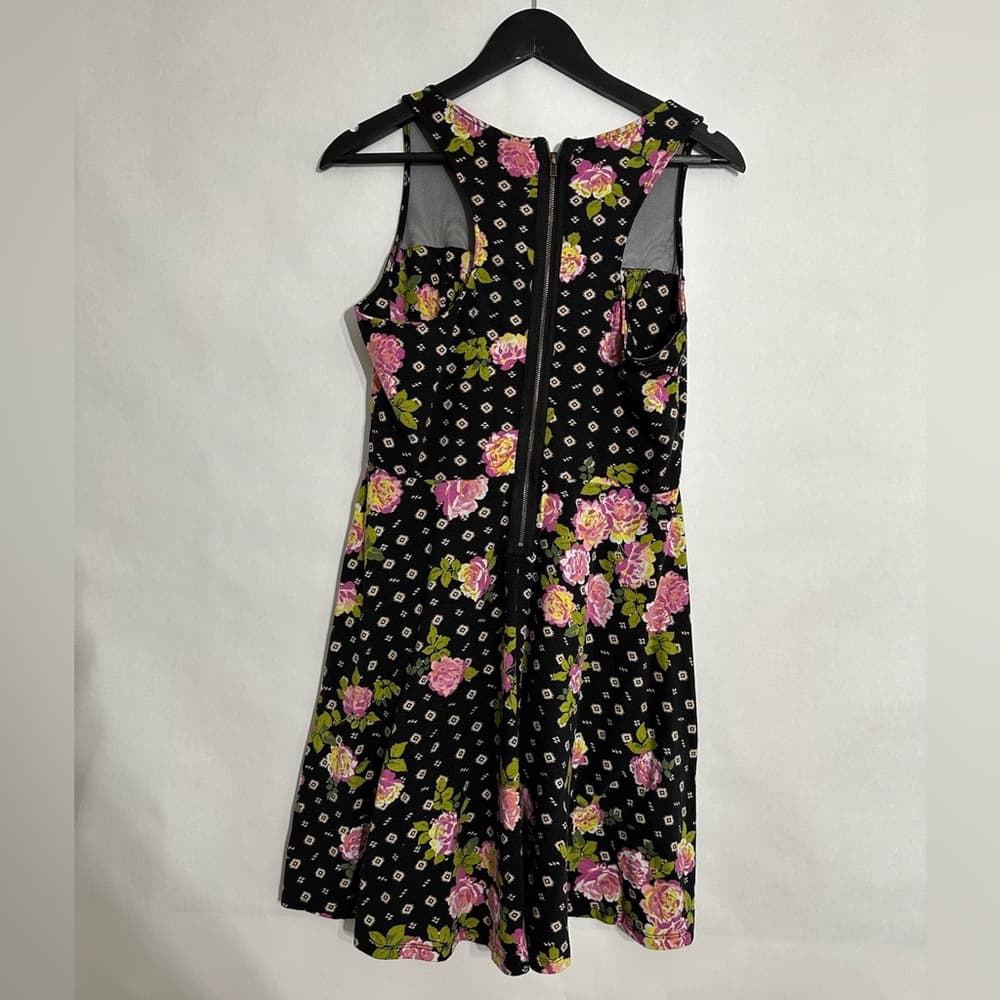 Xhilaration Black Floral Mesh Panel Fit Flare Dress Size Large Rocker Chic - Thumbnail 3