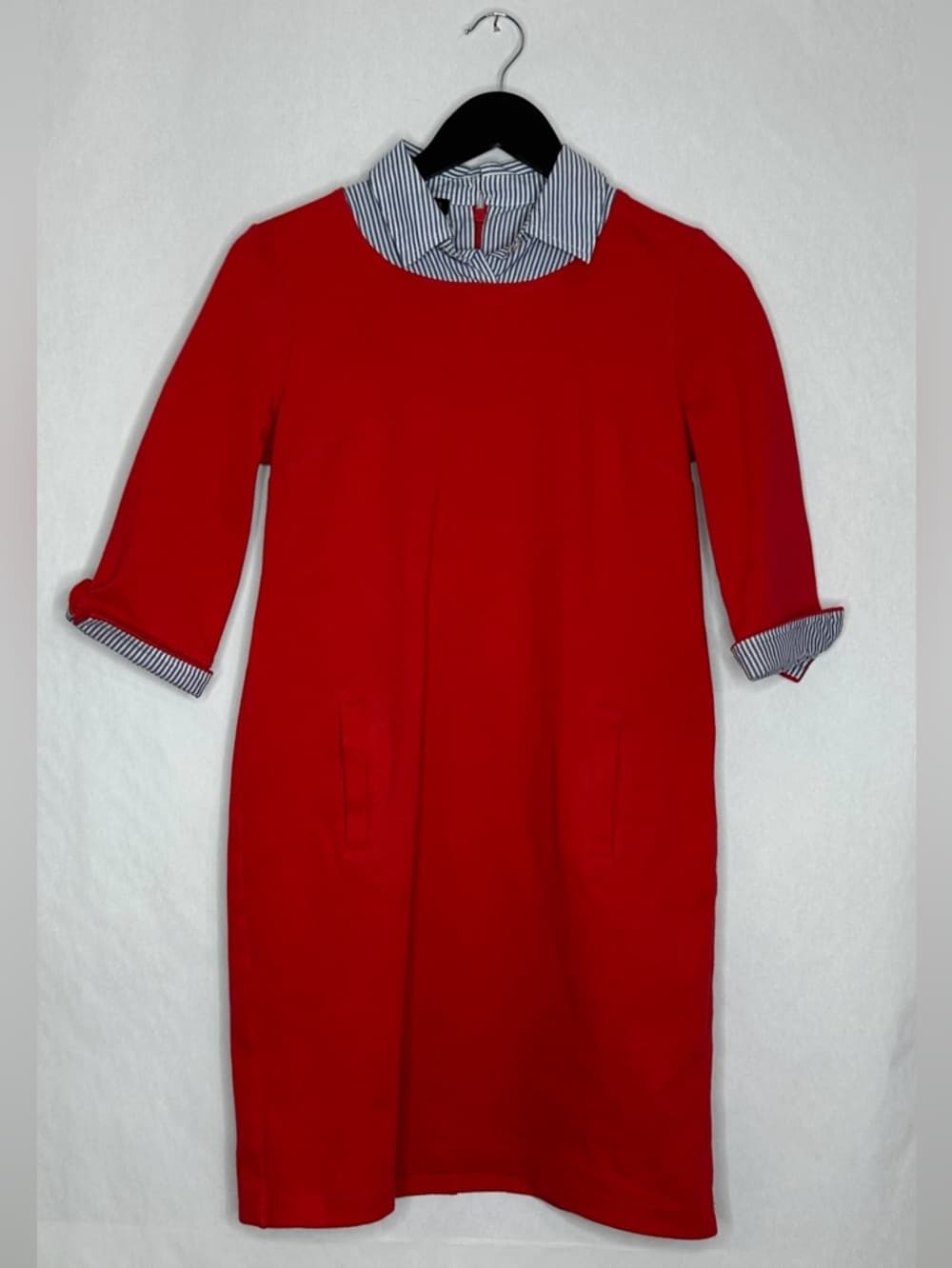 Talbots Petite Red Shift Dress Striped Collar Preppy Classic Pockets Size SP - Thumbnail 8