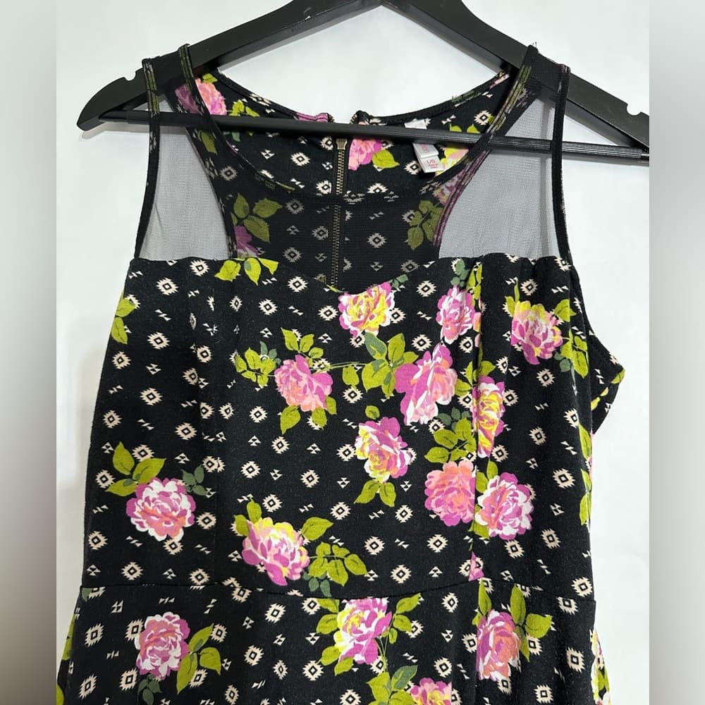 Xhilaration Black Floral Mesh Panel Fit Flare Dress Size Large Rocker Chic - Thumbnail 2