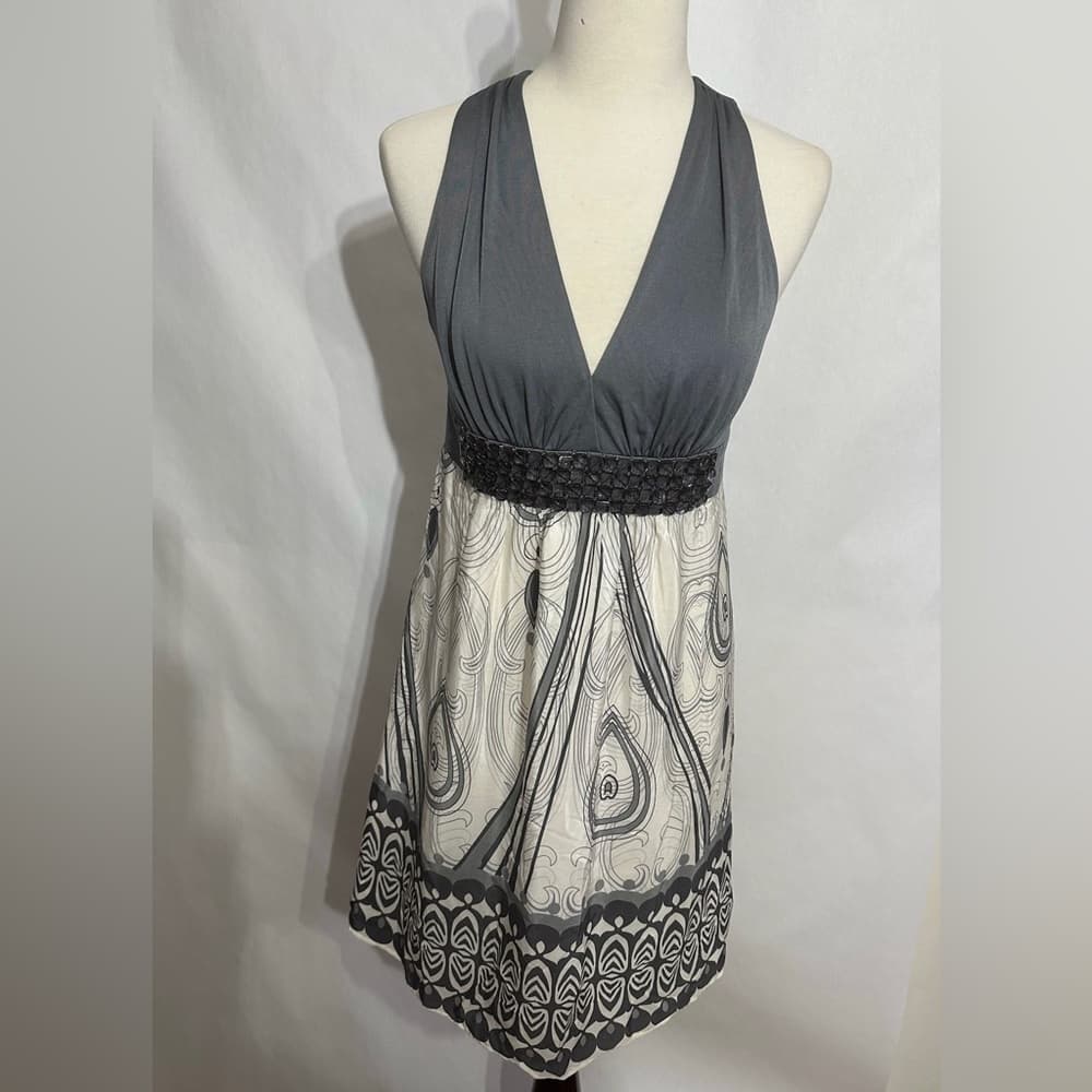 Erato Gray & Ivory Halter Dress Beaded Waist Boho Print (possibly Size 8) - Thumbnail 4