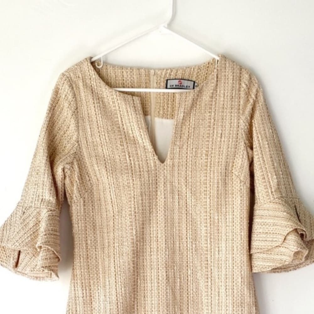 CK Bradley "Hazel" Tweed V-Neck Shift Dress Gold Threading Medium Quiet Luxury - Thumbnail 6
