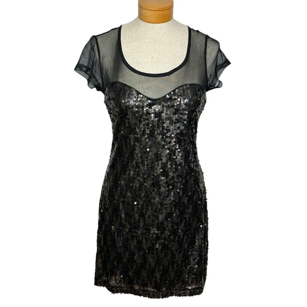 Belle du Jour Black Sequin Mesh Illusion Sweetheart Mini Dress Medium Cocktail - Thumbnail 7