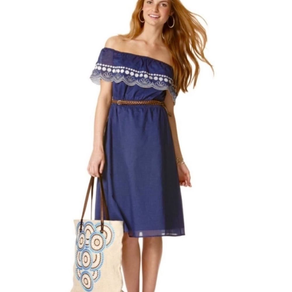 Calypso St. Barth for Target Navy Off Shoulder Embroidered Dress Large Coastal - Thumbnail 10
