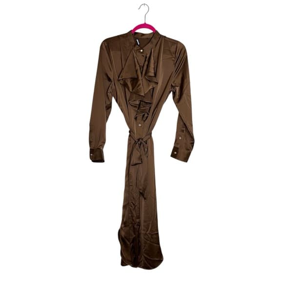 Olsen Brown Long Sleeve Ruffle Front Midi Shirt Dress Tie Waist See Measurements - Thumbnail 17
