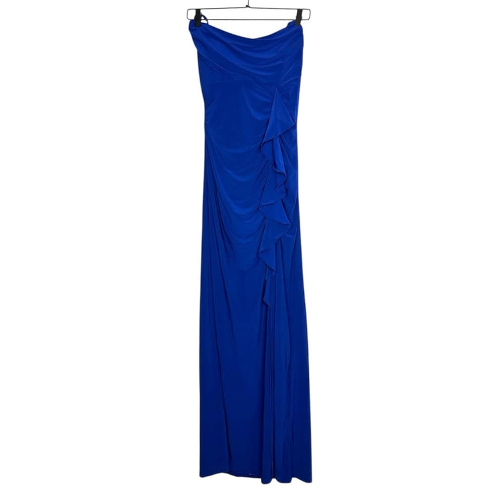 NWT Morgan & Co Blue Cowl Neck Ruffle Gown Slit Size 3 Juniors Formal Dress Prom - Thumbnail 2