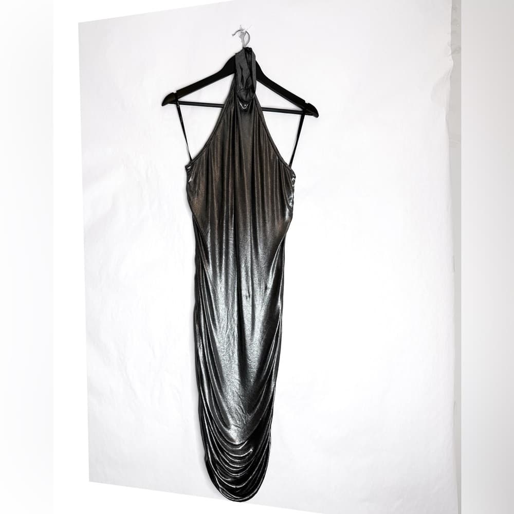 Tadashi Shoji Vintage Metallic Draped Halter Backless Dress Gown - Size Medium - Thumbnail 2