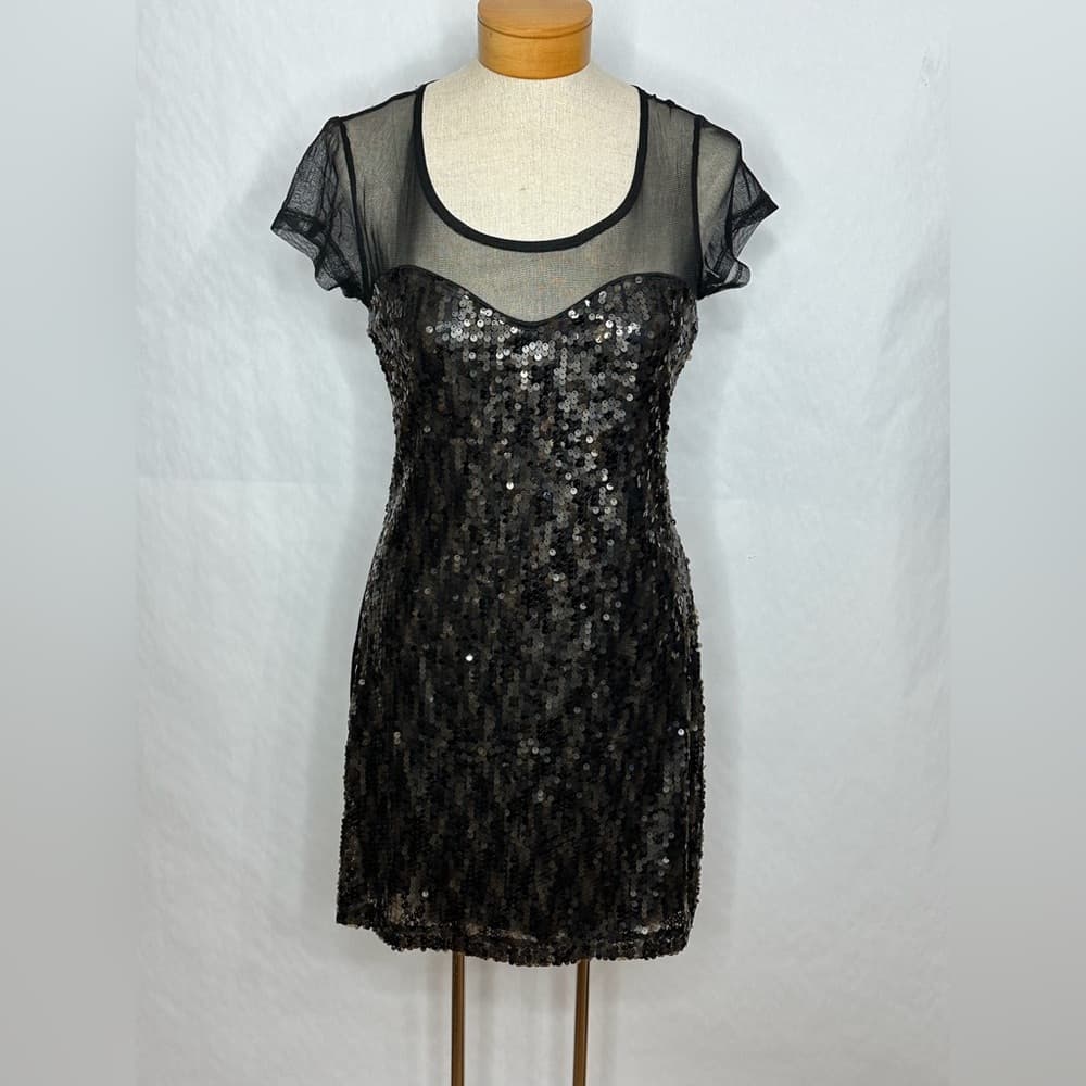 Belle du Jour Black Sequin Mesh Illusion Sweetheart Mini Dress Medium Cocktail