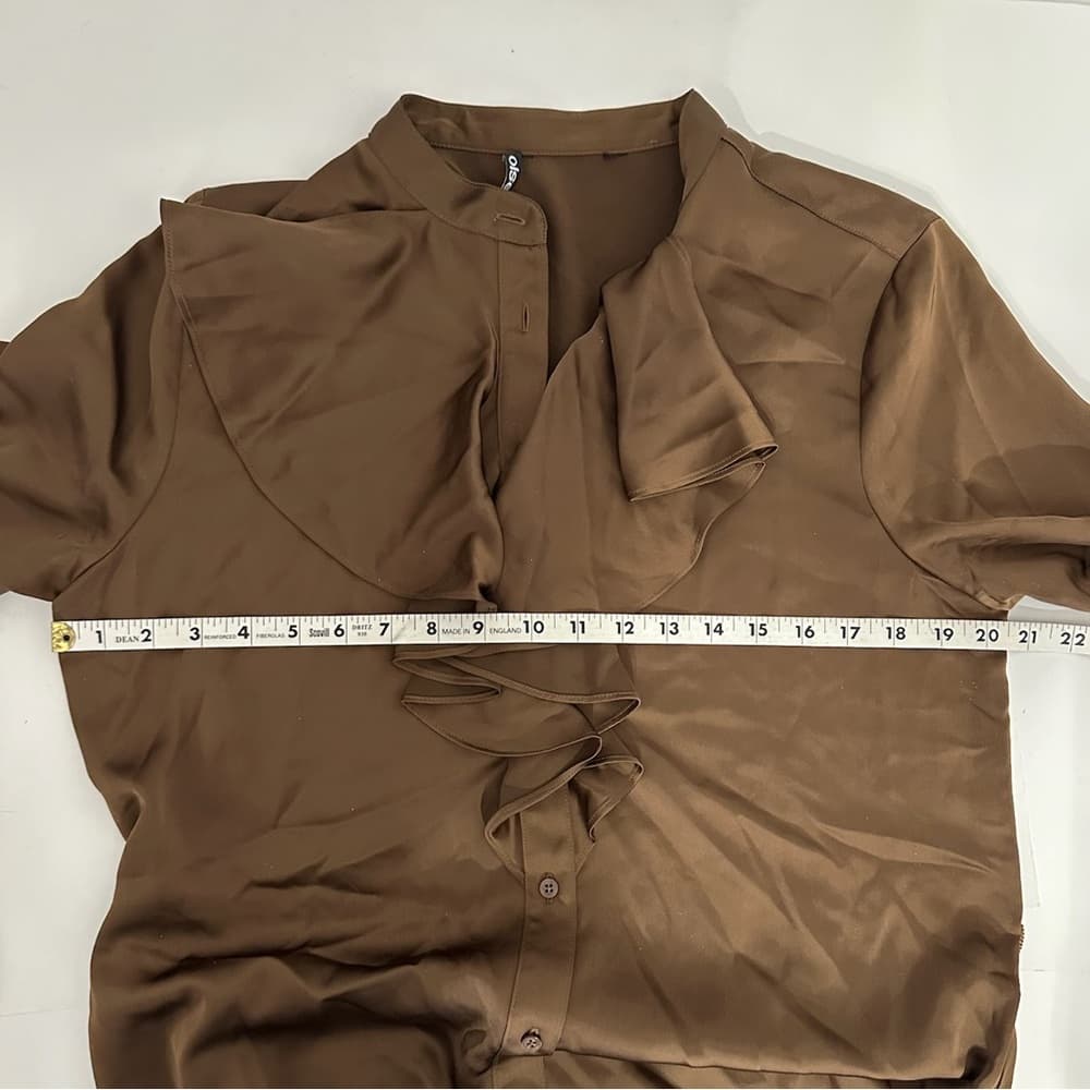 Olsen Brown Long Sleeve Ruffle Front Midi Shirt Dress Tie Waist See Measurements - Thumbnail 10