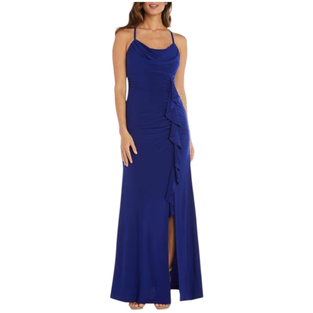 NWT Morgan & Co Blue Cowl Neck Ruffle Gown Slit Size 3 Juniors Formal Dress Prom - Thumbnail 16