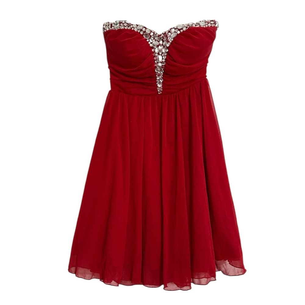 Speechless Red Strapless Sweetheart Chiffon Dress Y2K Vintage Size 3 Juniors - Thumbnail 9