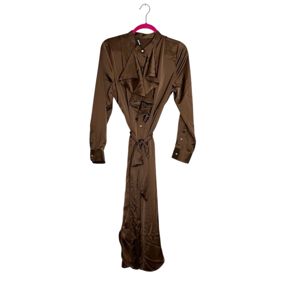 Olsen Brown Long Sleeve Ruffle Front Midi Shirt Dress Tie Waist See Measurements - Thumbnail 16