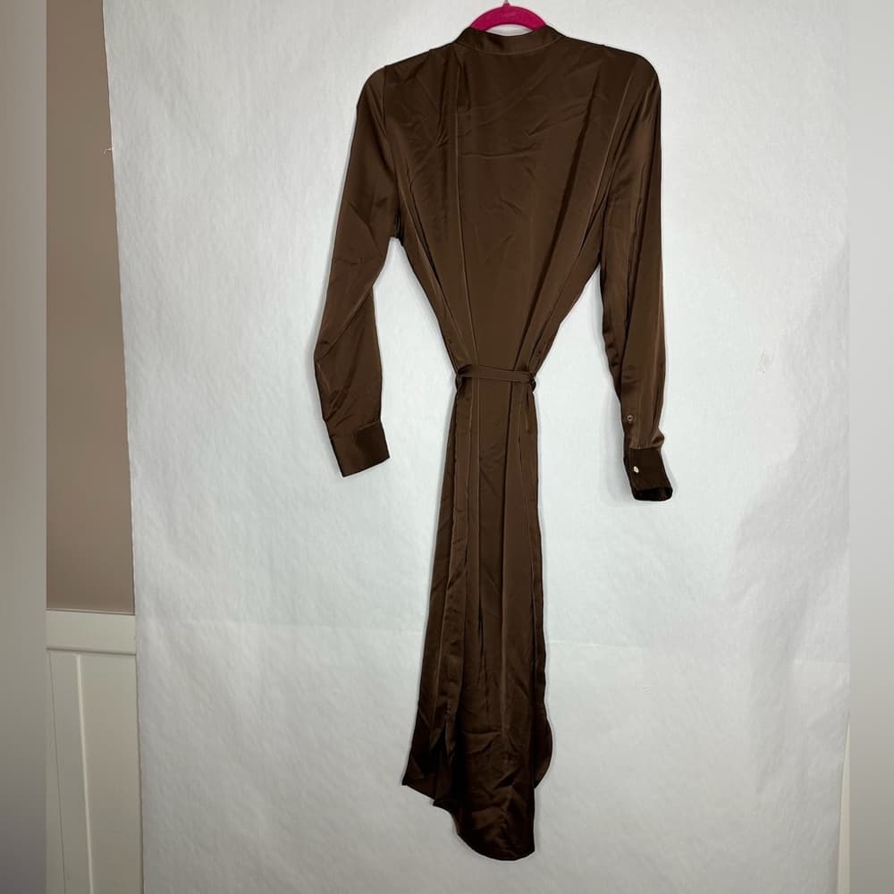 Olsen Brown Long Sleeve Ruffle Front Midi Shirt Dress Tie Waist See Measurements - Thumbnail 14