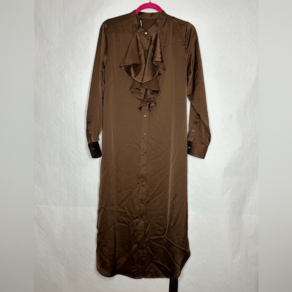 Olsen Brown Long Sleeve Ruffle Front Midi Shirt Dress Tie Waist See Measurements - Thumbnail 5