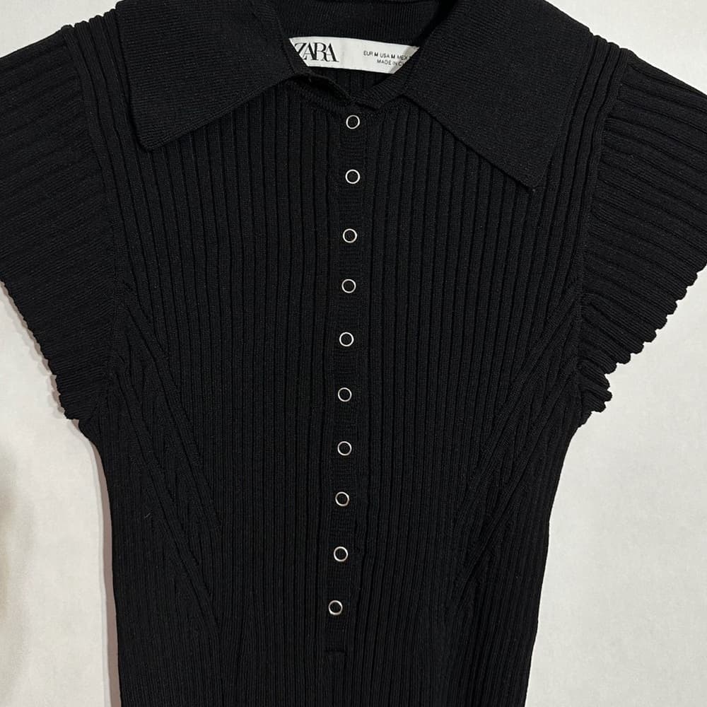 Zara Black Ribbed Collar Dress Size Medium Minimalist Chic Button Front Knit - Thumbnail 3