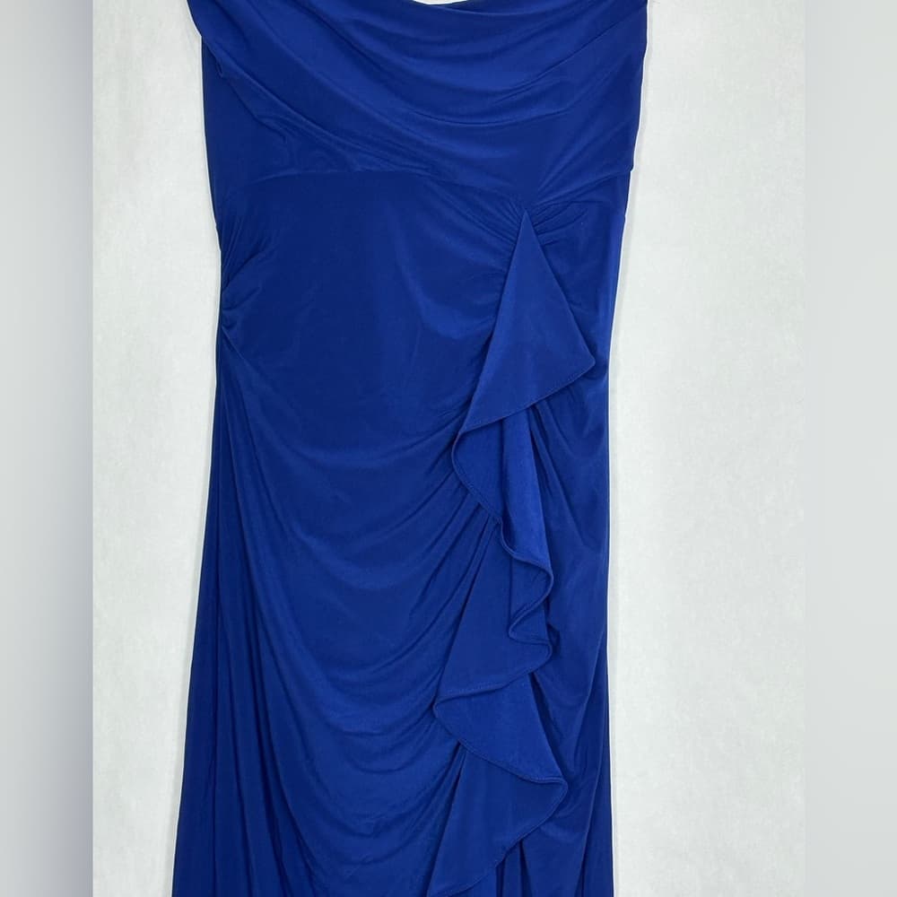 NWT Morgan & Co Blue Cowl Neck Ruffle Gown Slit Size 3 Juniors Formal Dress Prom - Thumbnail 4