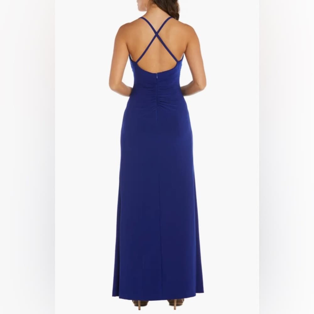 NWT Morgan & Co Blue Cowl Neck Ruffle Gown Slit Size 3 Juniors Formal Dress Prom