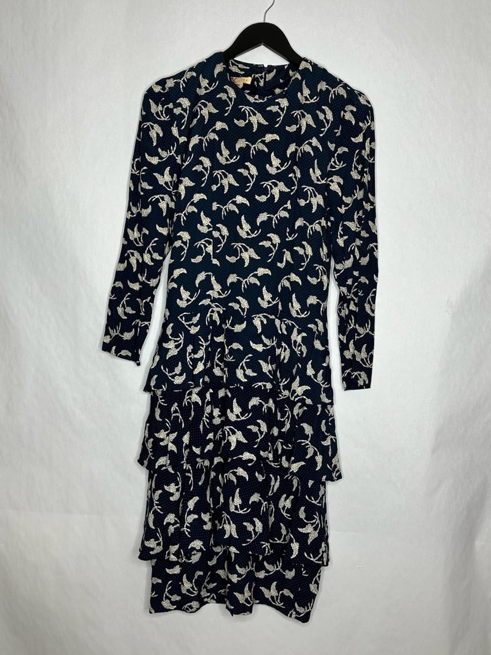 Vintage Katie MFG Navy Floral Tiered Dress Size 4 Modest Feminine Romantic
